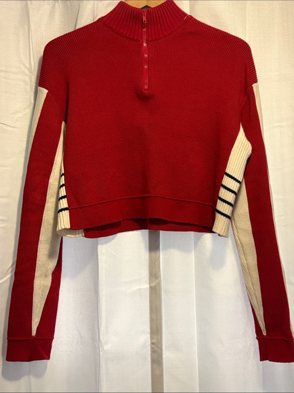 Brandy Melville Red Cropped Half-Zip Sweater with Cream/Black Panels Size S
